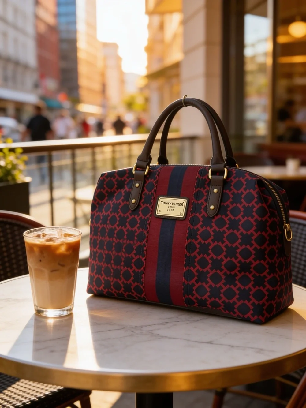 Tommy Hilfiger Nylon Satchel | Red Navy Monogram | Brown Trim